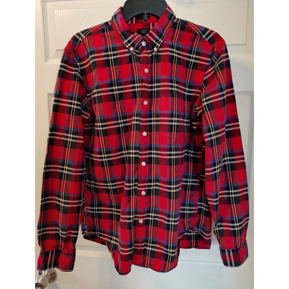 J. Crew Mens Flannel Shirt Large Slim Fit Red Plaid Button Down Cotton